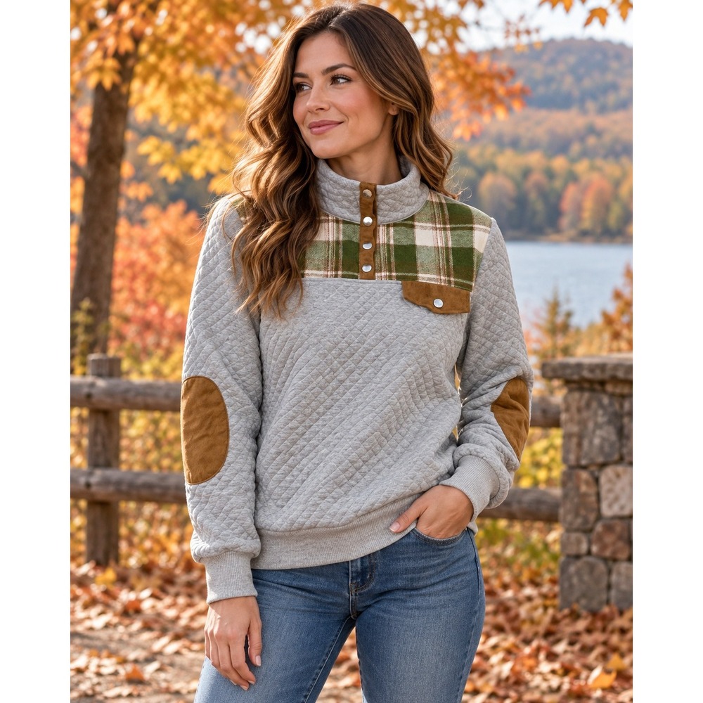 Womens Quilted Plaid Snap Mock Neck Pullover Sweatshirt Sz S Cabincore Preppy